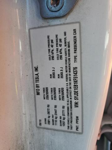 5YJ3E1EB1KF514376 - 2019 TESLA MODEL 3 Beyaz fotoğraf 13