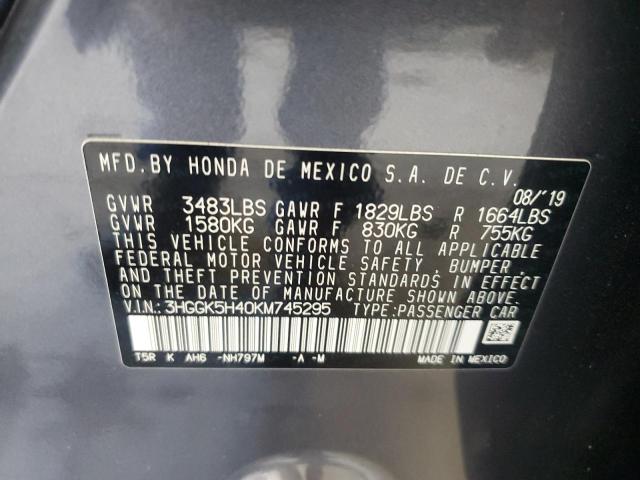 3HGGK5H40KM745295 - 2019 HONDA FIT LX GRAY photo 14