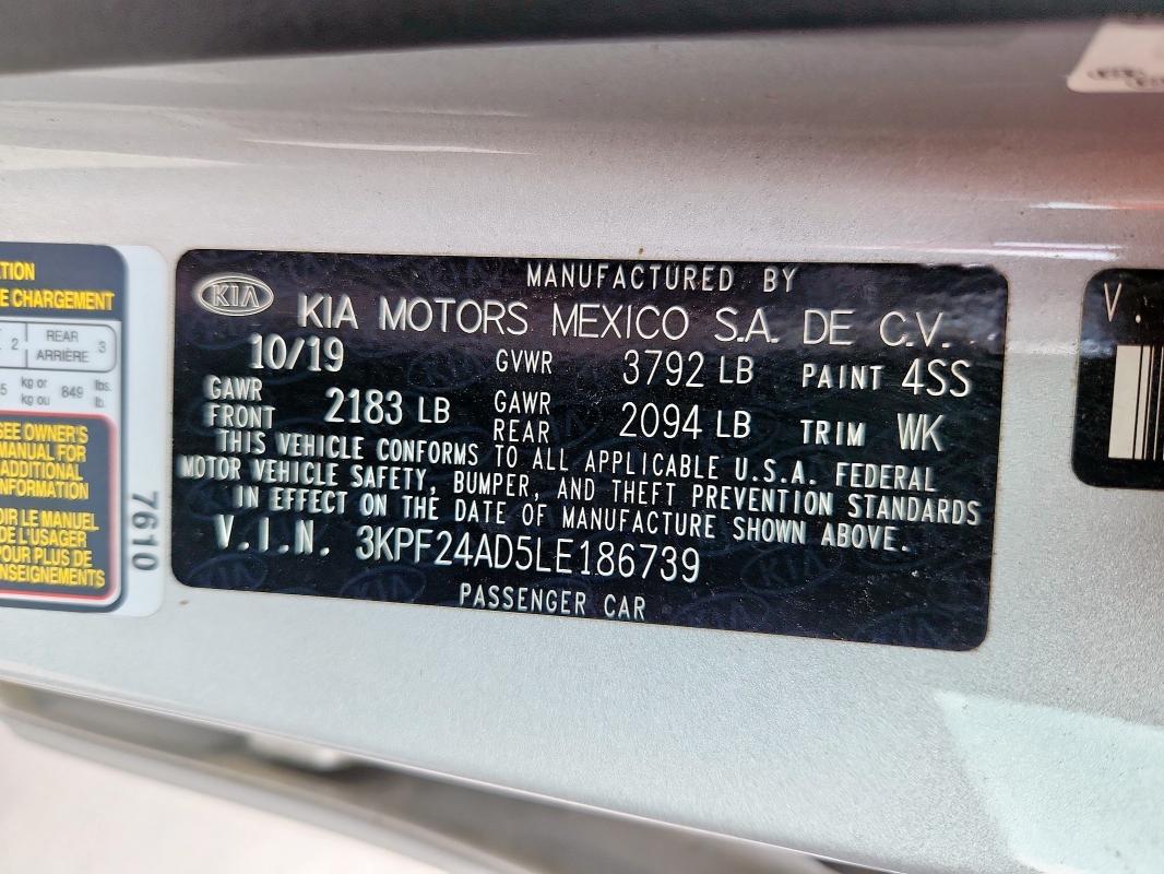 3KPF24AD5LE186739 - 2020 KIA FORTE FE SILVER photo 12