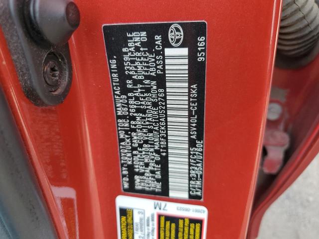 4T1BF3EK6AU522768 - 2010 TOYOTA CAMRY BASE 红色 照片 12