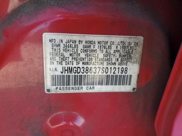 JHMGD38637S012198 - 2007 HONDA FIT S RED photo 12