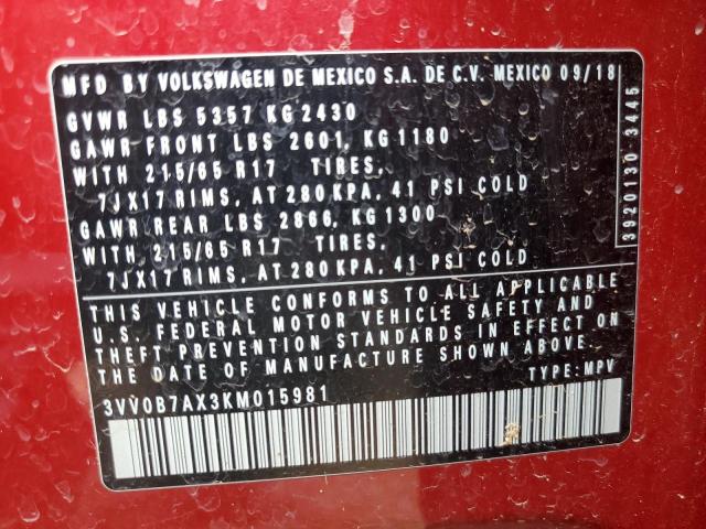 3VV0B7AX3KM015981 - 2019 VOLKSWAGEN TIGUAN S RED photo 13