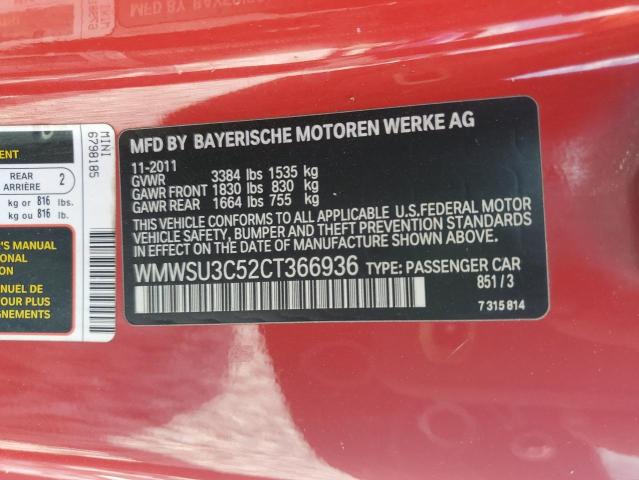 WMWSU3C52CT366936 - 2012 MINI COOPER Қызыл фото 12