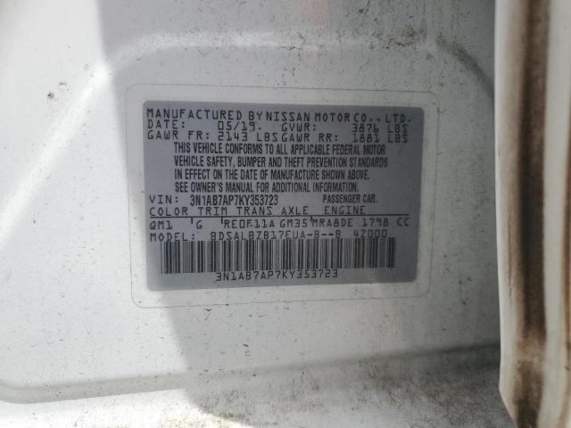 3N1AB7AP7KY353723 - 2019 NISSAN SENTRA S Biały zdjęcie 12