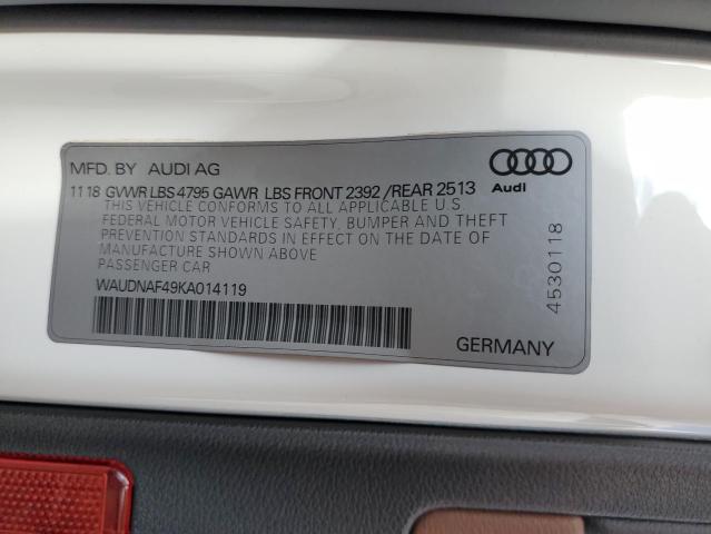 WAUDNAF49KA014119 - 2019 AUDI A4 PREMIUM WHITE photo 12