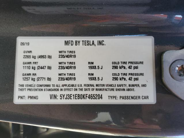 5YJ3E1EB0KF465204 - 2019 TESLA MODEL 3 GRAY photo 12