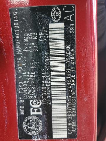 2T1BU4EE2CC823371 - 2012 TOYOTA COROLLA BASE RED photo 12