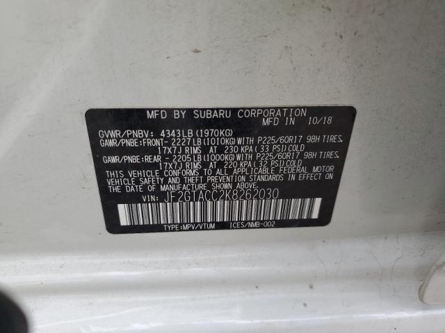 JF2GTACC2K8262030 - 2019 SUBARU CROSSTREK PREMIUM WHITE photo 13