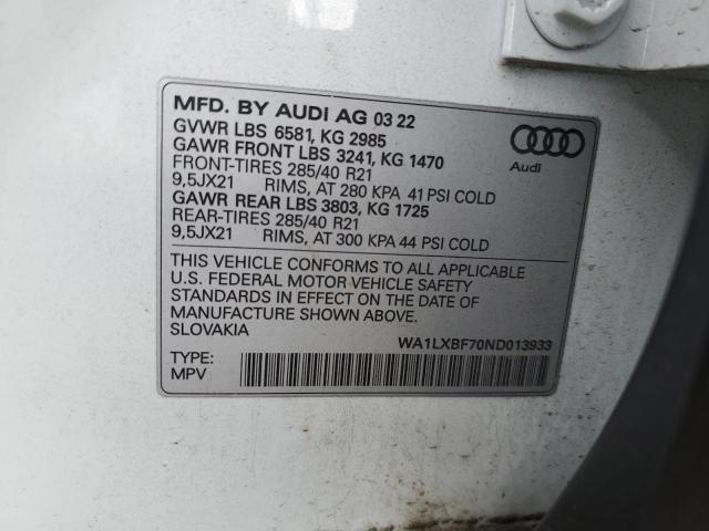 WA1LXBF70ND013933 - 2022 AUDI Q7 PREMIUM PLUS Weiß Foto 14