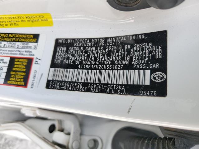 4T1BF1FK2CU551027 - 2012 TOYOTA CAMRY BASE 白色 照片 12