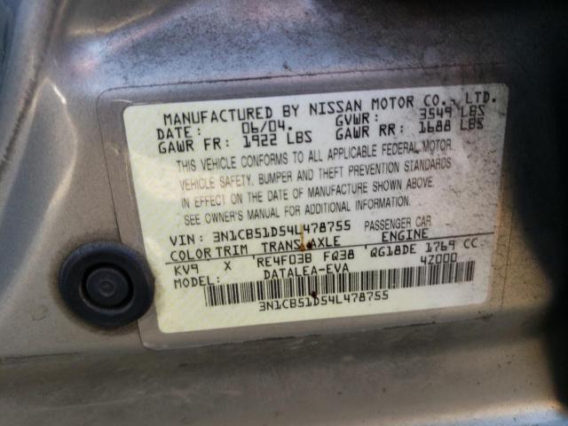 3N1CB51D54L478755 - 2004 NISSAN SENTRA 1.8 GRAY photo 12