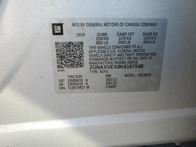 2GNAXVEX8K6167548 - 2019 CHEVROLET EQUINOX LT Srebrny zdjęcie 12