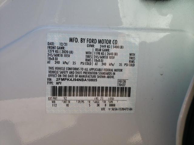 2FMPK4J94NBA10805 - 2022 FORD EDGE SEL WHITE photo 12