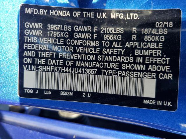 SHHFK7H44JU413657 - 2018 HONDA CIVIC SPORT Azul foto 12