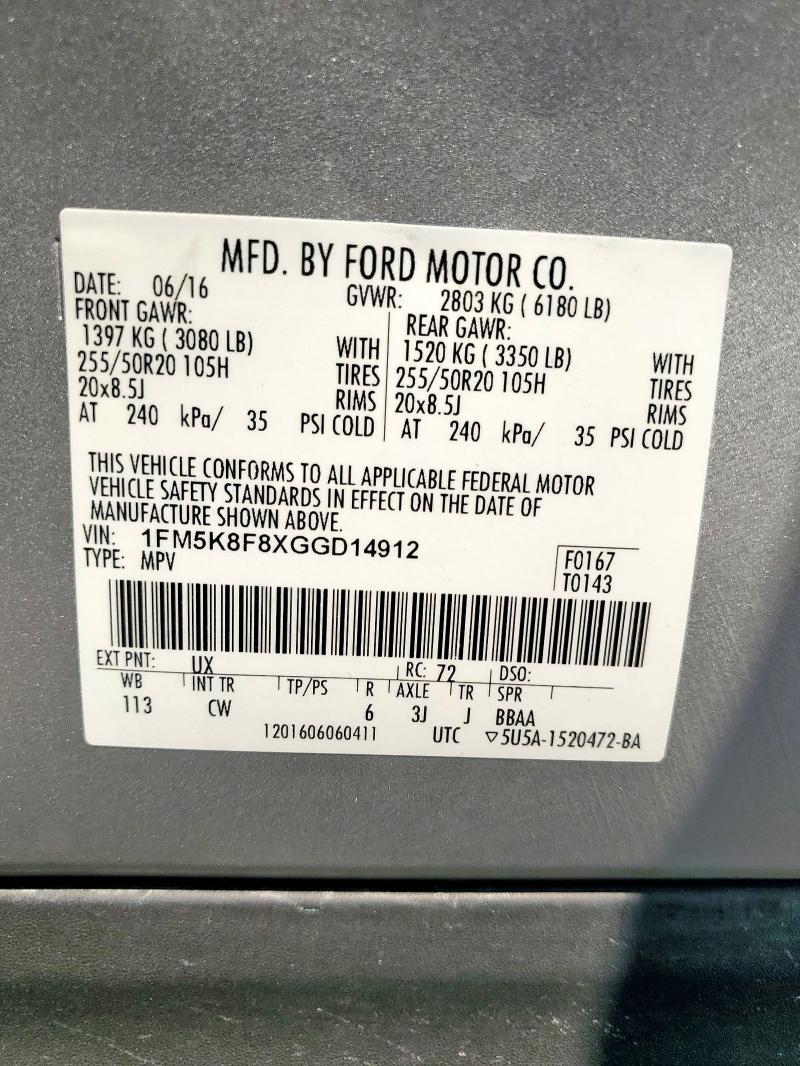 1FM5K8F8XGGD14912 - 2016 FORD EXPLORER LIMITED SILVER photo 13