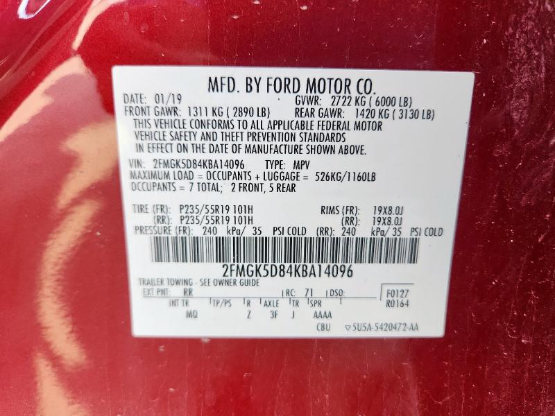 2FMGK5D84KBA14096 - 2019 FORD FLEX LIMITED 栗色 照片 14
