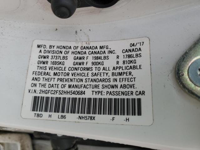 2HGFC2F52HH540684 - 2017 HONDA CIVIC LX WHITE photo 12