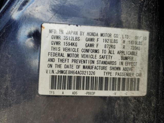 JHMGE8H64AC021326 - 2010 HONDA FIT SPORT 蓝色 照片 12