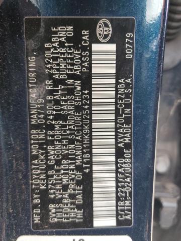 4T1B11HK9KU254234 - 2019 TOYOTA CAMRY L 青色 照片 12