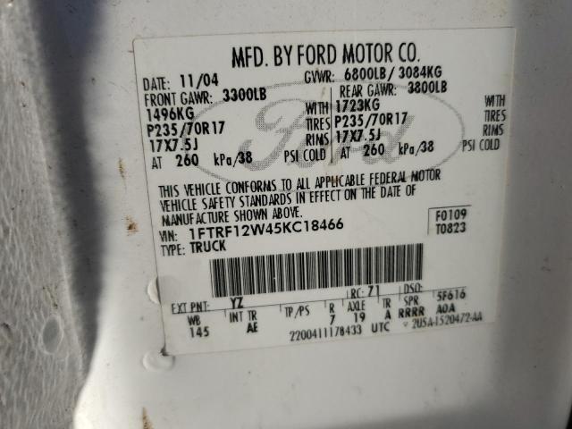 1FTRF12W45KC18466 - 2005 FORD F150 WHITE photo 12