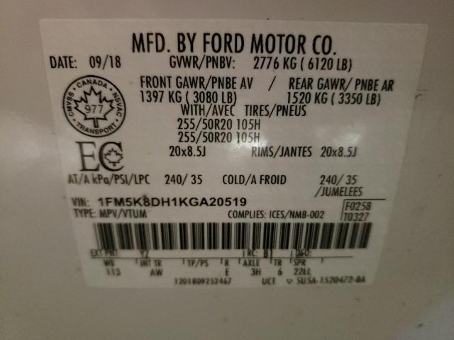 1FM5K8DH1KGA20519 - 2019 FORD EXPLORER XLT Biały zdjęcie 13