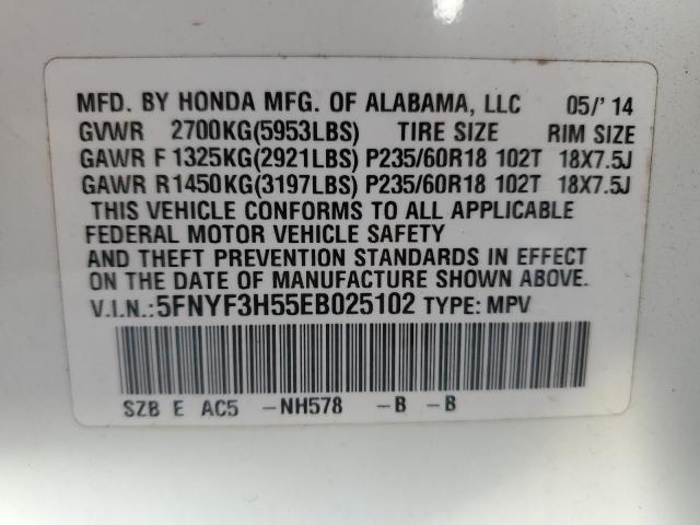 5FNYF3H55EB025102 - 2014 HONDA PILOT EXL WHITE photo 13