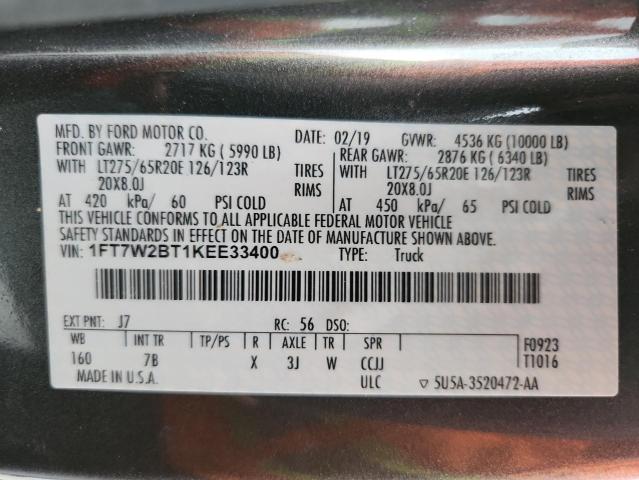 1FT7W2BT1KEE33400 - 2019 FORD F250 SUPER DUTY CHARCOAL photo 12