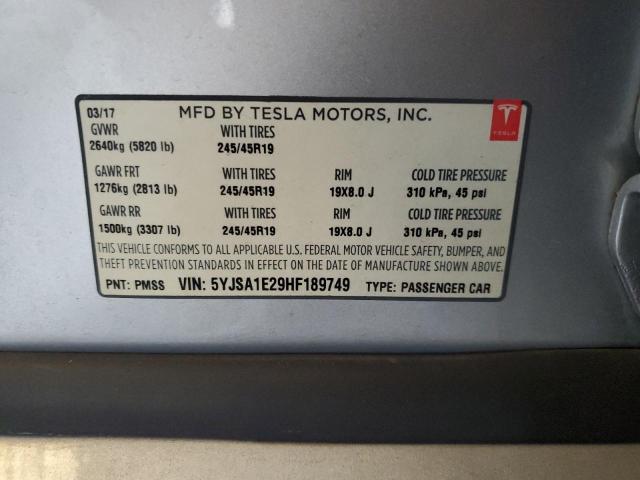 5YJSA1E29HF189749 - 2017 TESLA MODEL S SILVER photo 13