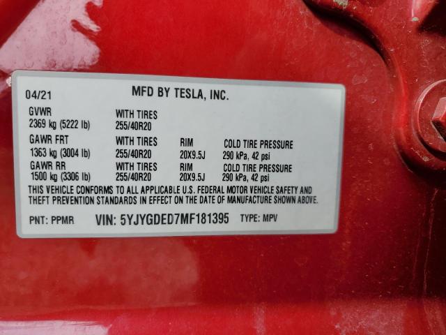 5YJYGDED7MF181395 - 2021 TESLA MODEL Y RED photo 13