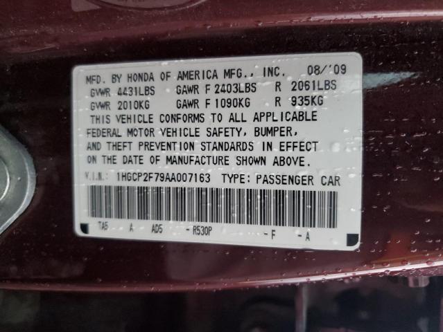 1HGCP2F79AA007163 - 2010 HONDA ACCORD EX BURGUNDY photo 12