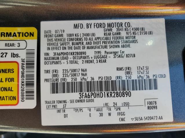 3FA6P0HD1KR280890 - 2019 FORD FUSION SE 石墨色 照片 12