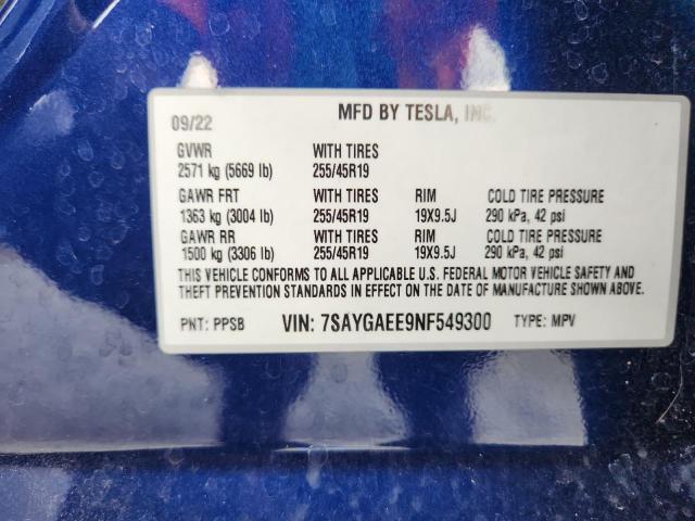 7SAYGAEE9NF549300 - 2022 TESLA MODEL Y BLUE photo 13