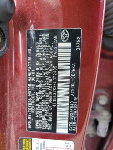 4T1BE32K84U372495 - 2004 TOYOTA CAMRY LE RED photo 12
