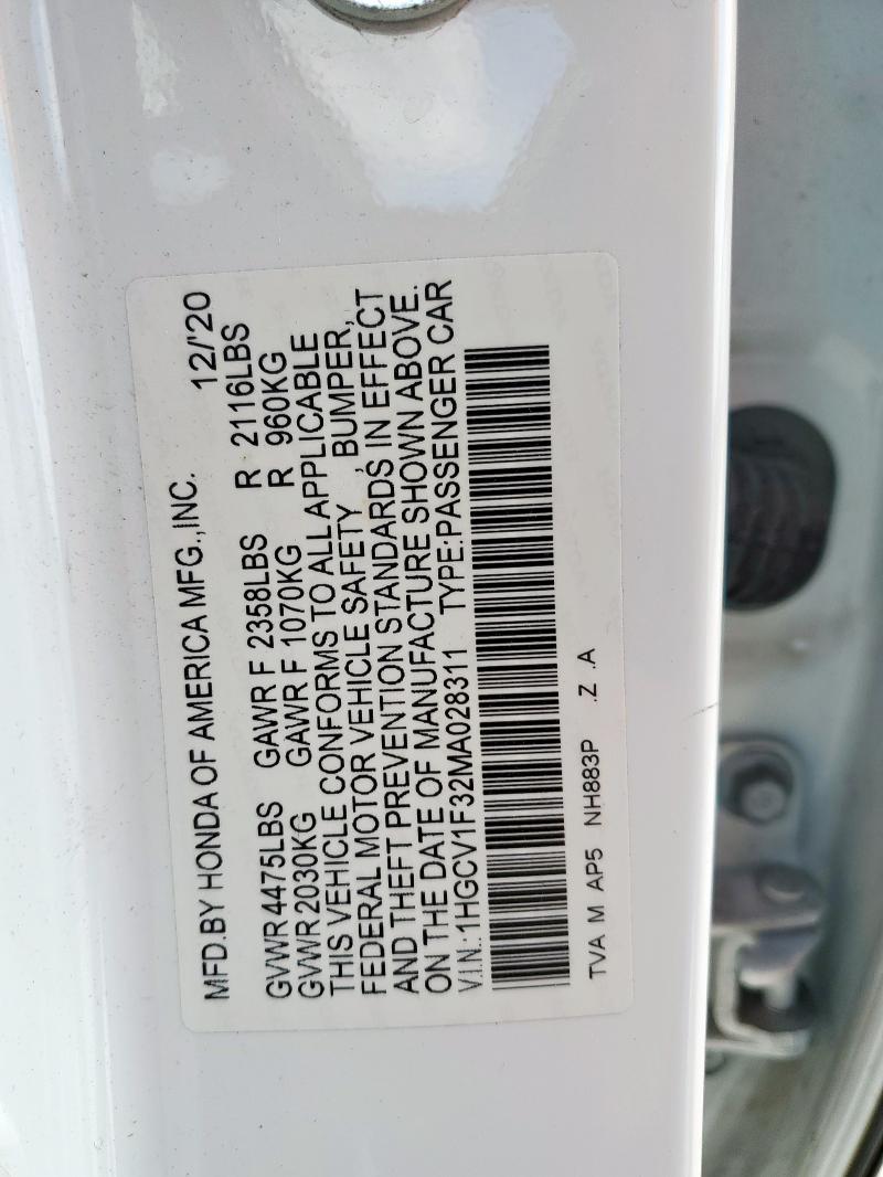 1HGCV1F32MA028311 - 2021 HONDA ACCORD SPORT WHITE photo 12