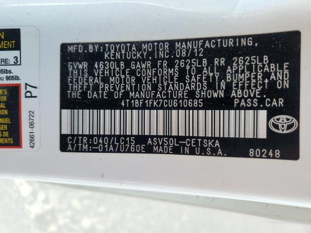 4T1BF1FK7CU610685 - 2012 TOYOTA CAMRY BASE WHITE photo 12