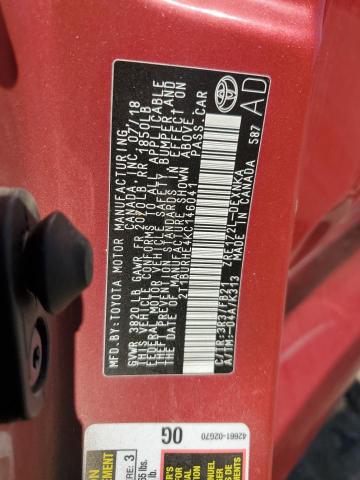 2T1BURHE4KC146041 - 2019 TOYOTA COROLLA L RED photo 12