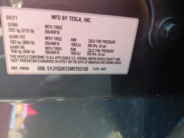 5YJYGDEE5MF253106 - 2021 TESLA MODEL Y 石墨色 照片 10