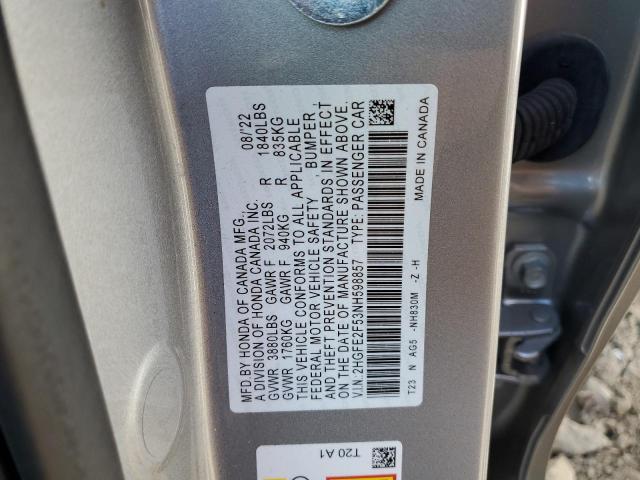 2HGFE2F53NH598857 - 2022 HONDA CIVIC SPORT 银色 照片 12