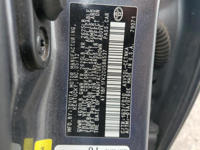 4T1BF1FK2CU586537 - 2012 TOYOTA CAMRY BASE GRAY photo 12