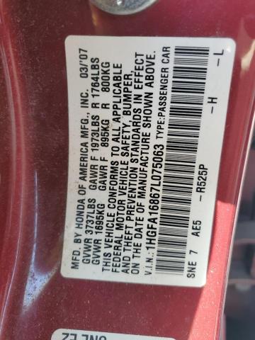 1HGFA16867L075063 - 2007 HONDA CIVIC EX RED photo 12