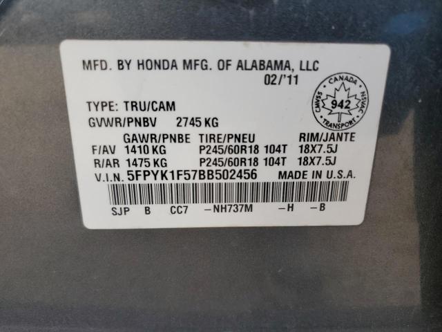 5FPYK1F57BB502456 - 2011 HONDA RIDGELINE RTL GRAY photo 13