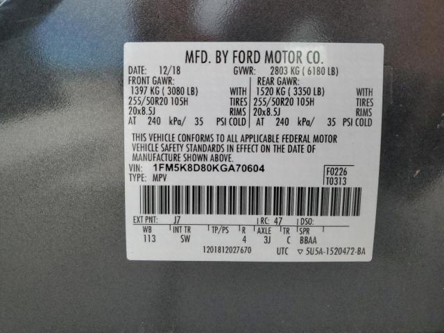 1FM5K8D80KGA70604 - 2019 FORD EXPLORER XLT Boz foto 13