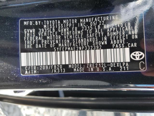 5YFEPMAE2NP332392 - 2022 TOYOTA COROLLA LE Negro foto 13