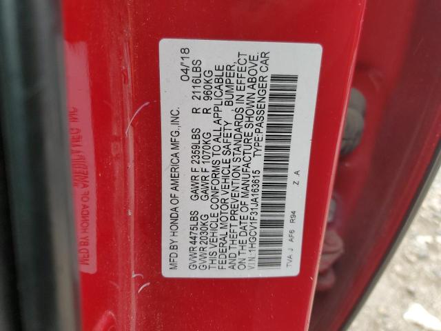 1HGCV1F31JA163615 - 2018 HONDA ACCORD SPORT წითელი ფოტო 12
