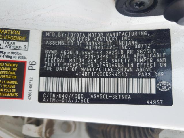 4T4BF1FK0CR244543 - 2012 TOYOTA CAMRY BASE WHITE photo 12