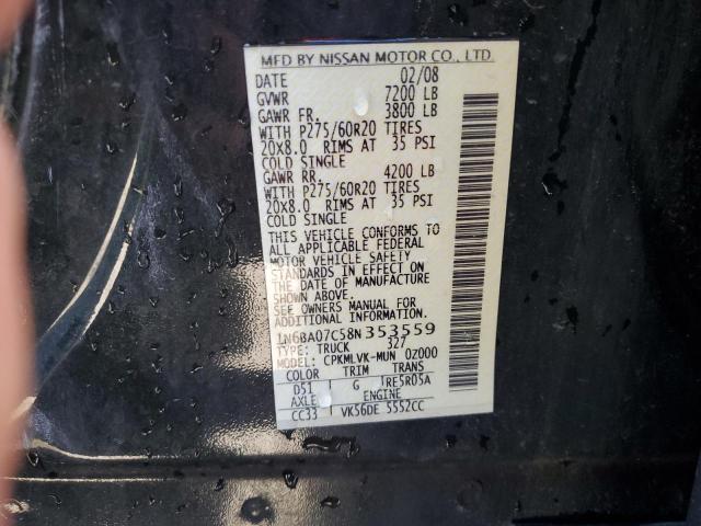 1N6BA07C58N353559 - 2008 NISSAN TITAN XE BLACK photo 12