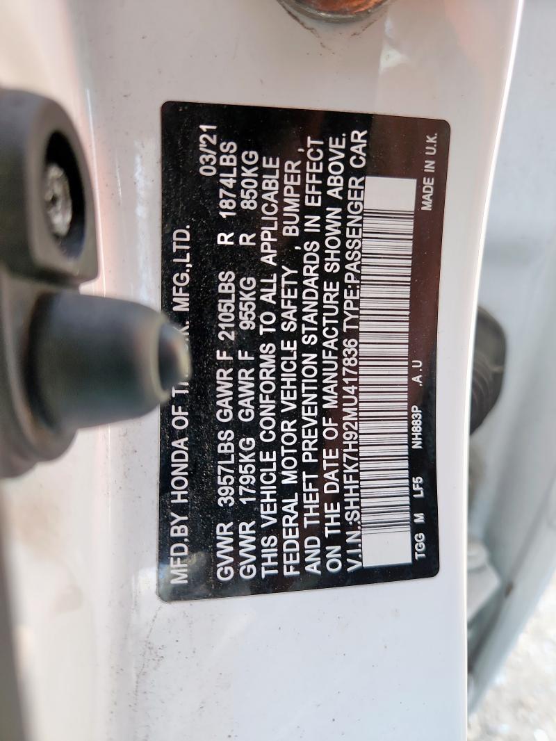 SHHFK7H92MU417836 - 2021 HONDA CIVIC SPORT TOURING WHITE photo 12