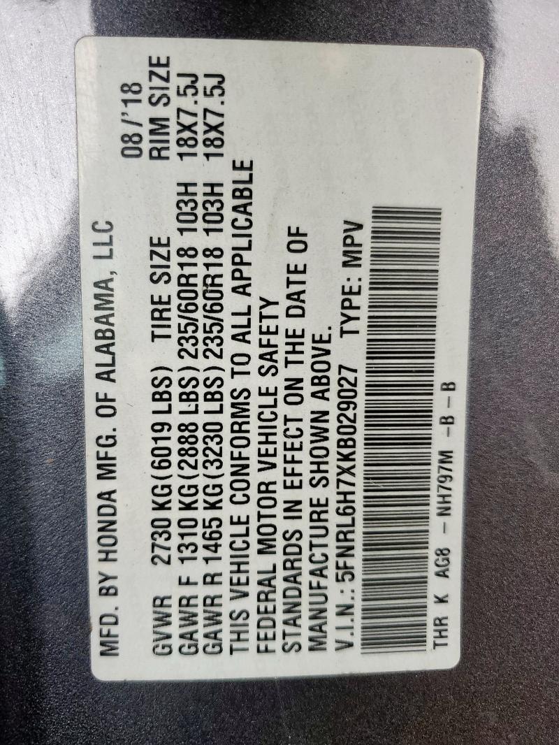 5FNRL6H7XKB029027 - 2019 HOND ODYSSEY EXL GRAY photo 13