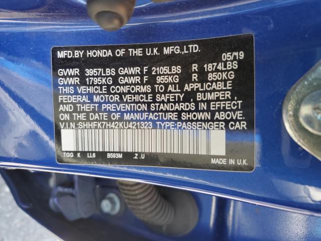 SHHFK7H42KU421323 - 2019 HONDA CIVIC SPORT 蓝色 照片 12