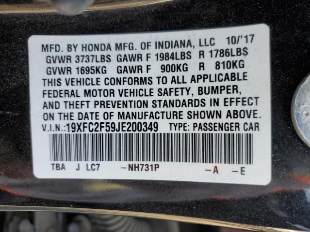 19XFC2F59JE200349 - 2018 HONDA CIVIC LX BLACK photo 12